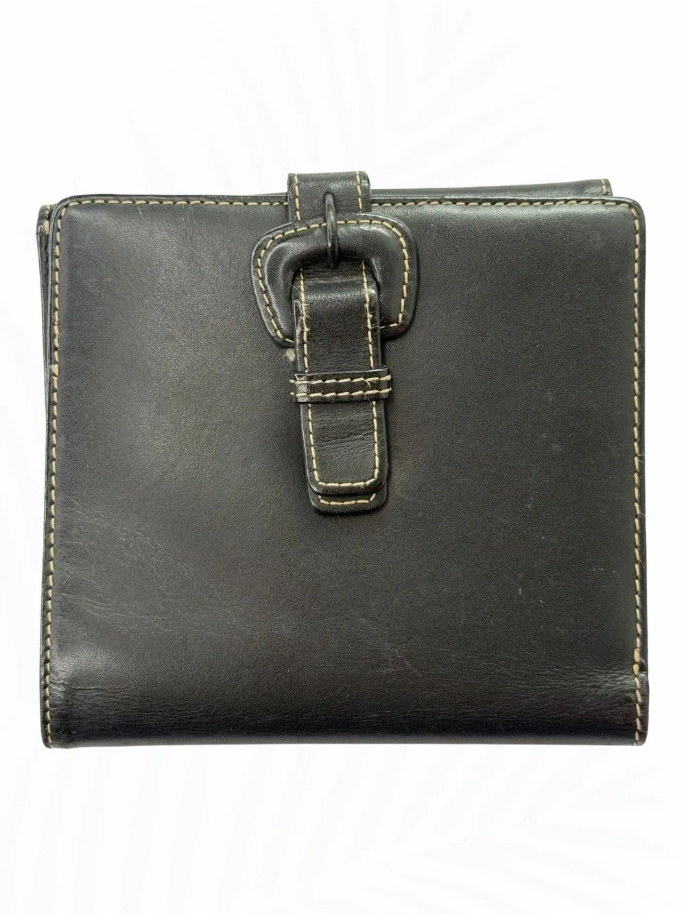 Cole Haan Black Leather Buckle Bifold Wallet Contrast Stitching